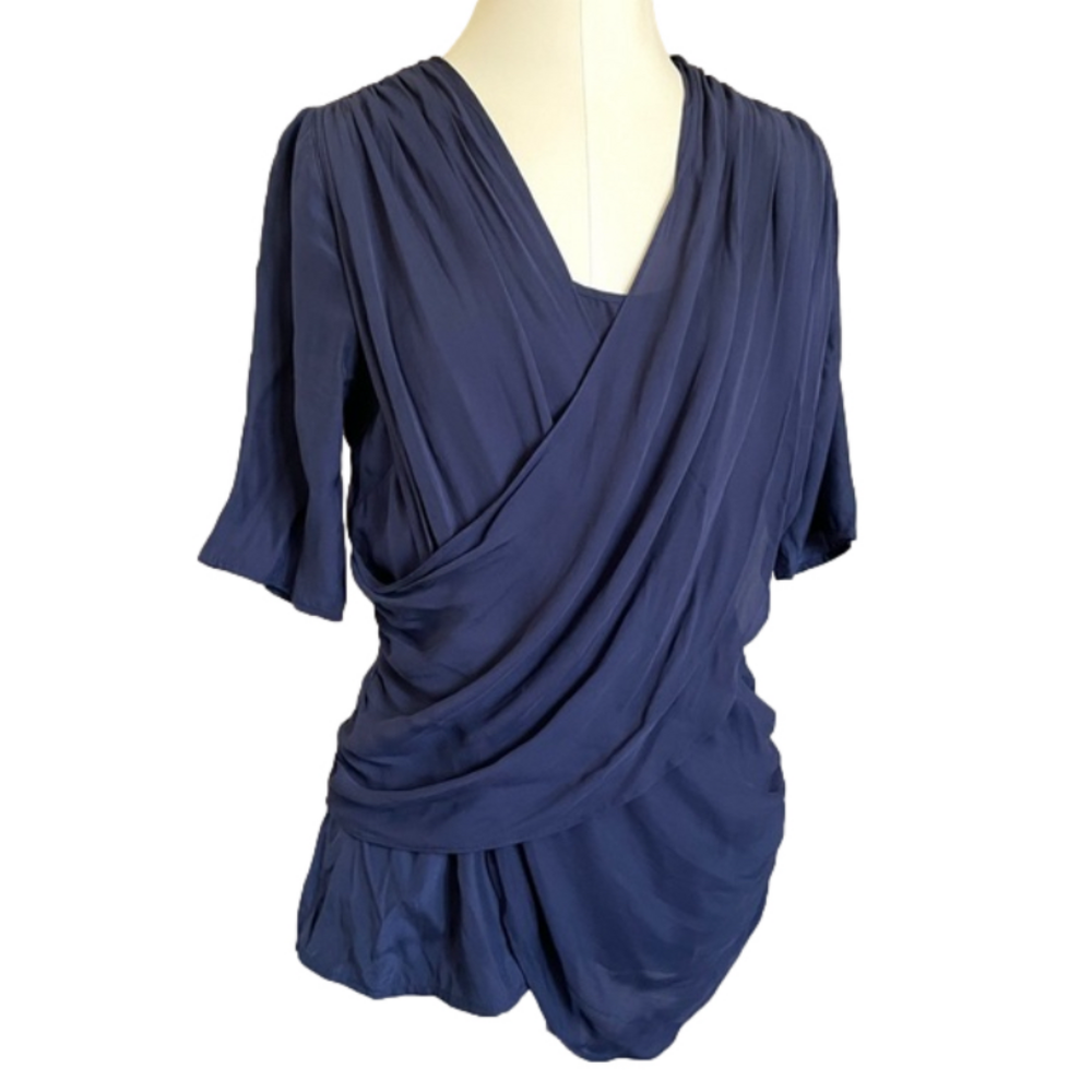 Blue Crisscross Drape Front Short Sleeve Silk Blouse - S